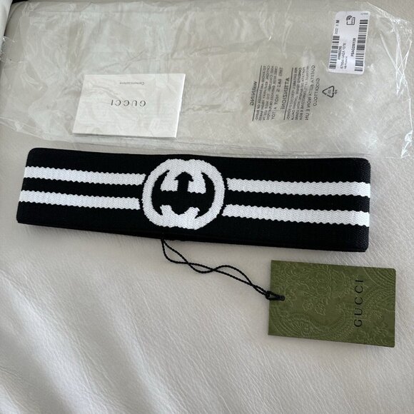 NEW GUCCI Headband HAIRBAND INTERLOCKING G BLACK WHITE SIZE M LOGO - Picture 3 of 8